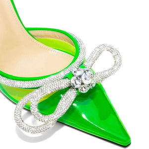 green crystal bow heels