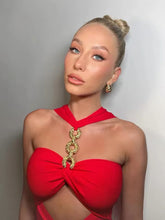 Load image into Gallery viewer, Sexy red bandage dress with cutout rhinestone neckline house of Cb revolve
