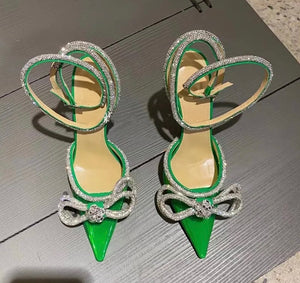 green crystal bow heels