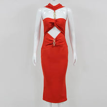 Load image into Gallery viewer, Sexy red bandage dress with cutout rhinestone neckline house of Cb revolve
