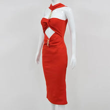 Load image into Gallery viewer, Sexy red bandage dress with cutout rhinestone neckline house of Cb revolve
