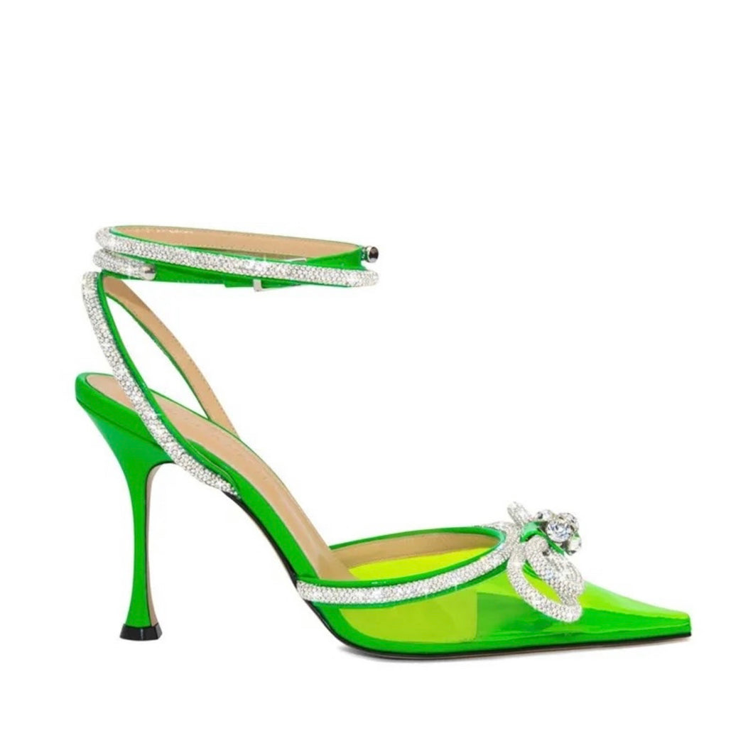 green crystal bow heels