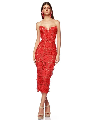 Strapless red lace dress revolve asos house of Cb meshki ohpolly hot Miami styles