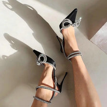 Load image into Gallery viewer, black pointed toe ribbon heels crystal heels
