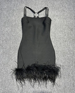 black bandage dress with feathers