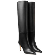 Load image into Gallery viewer, Black faux leather boots cheap leather heels 
