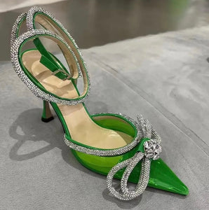 green crystal bow heels