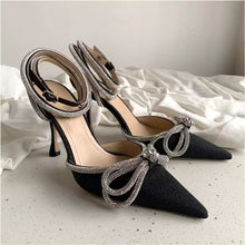 Load image into Gallery viewer, black pointed toe ribbon heels crystal heels
