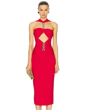 Load image into Gallery viewer, Sexy red bandage dress with cutout rhinestone neckline house of Cb revolve
