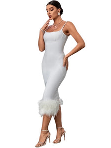 White bandage dress with feathers