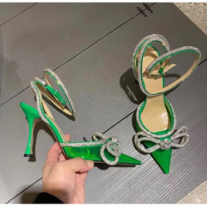 green crystal bow heels