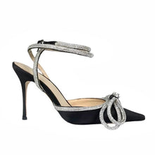 Load image into Gallery viewer, black pointed toe ribbon heels crystal heels
