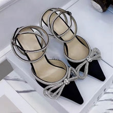 Load image into Gallery viewer, black pointed toe ribbon heels crystal heels
