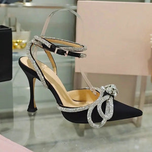 black pointed toe ribbon heels crystal heels