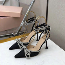 Load image into Gallery viewer, black pointed toe ribbon heels crystal heels
