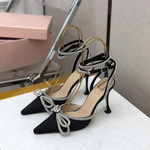 black pointed toe ribbon heels crystal heels