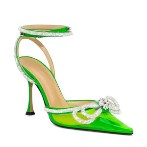 green crystal bow heels