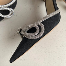 Load image into Gallery viewer, black pointed toe ribbon heels crystal heels
