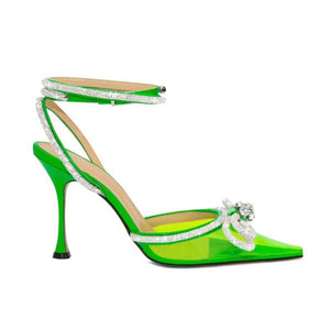 green crystal bow heels