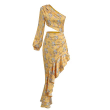 Load image into Gallery viewer, yellow satin maxi dress with ruffles cut out
