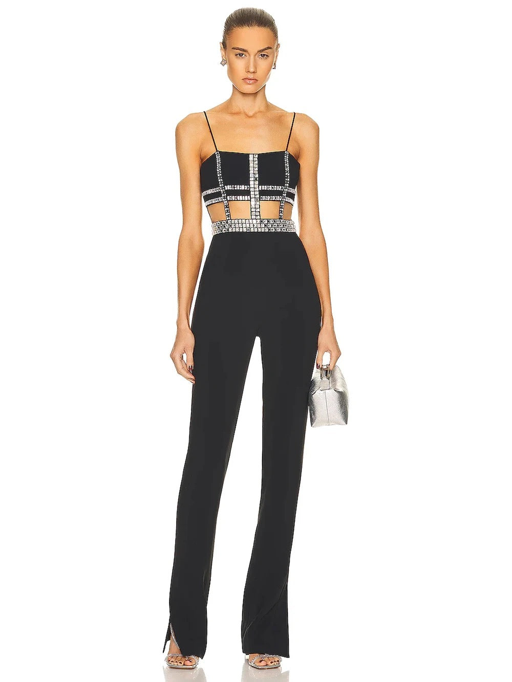 black bandage jumpsuit with rhinestones