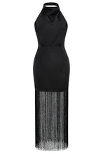 Load image into Gallery viewer, satin black dress with fringe reformation
