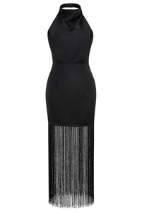 satin black dress with fringe reformation