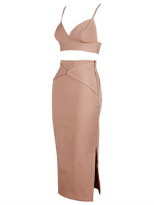 tan bandage skirt and crop top set