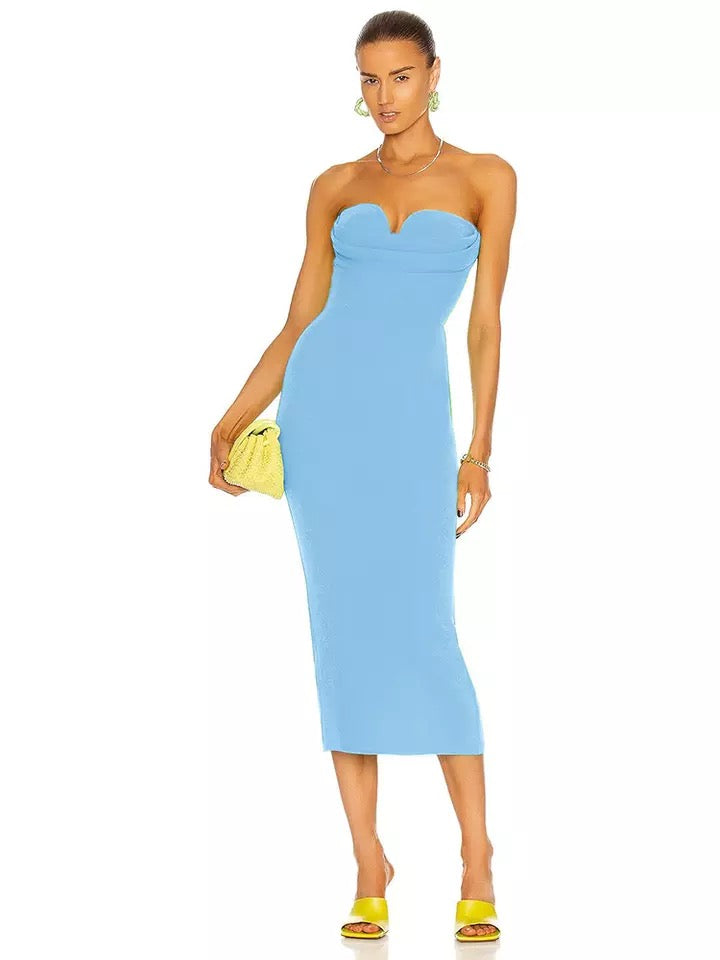 blue strapless bandage dress