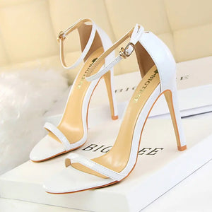 white 4" ankle heels