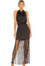 Load image into Gallery viewer, satin black dress with fringe reformation
