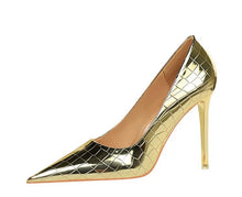 Load image into Gallery viewer, snakeskin gold heels
