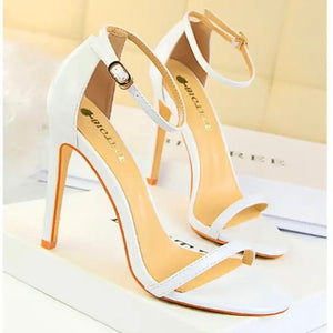 white 4" ankle heels