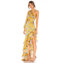 Load image into Gallery viewer, yellow satin maxi dress with ruffles cut out
