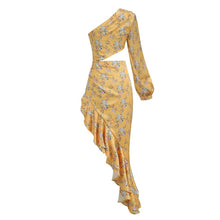 Load image into Gallery viewer, yellow satin maxi dress with ruffles cut out
