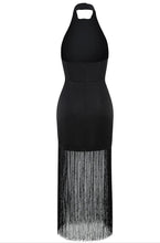 Load image into Gallery viewer, satin black dress with fringe reformation
