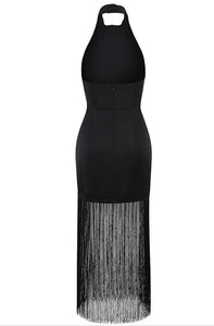 satin black dress with fringe reformation