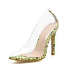 Load image into Gallery viewer, pointed toe clear heels snakeskin heels
