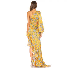 Load image into Gallery viewer, yellow satin maxi dress with ruffles cut out
