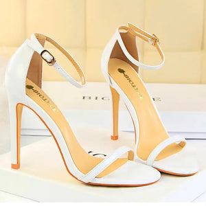 white 4" ankle heels