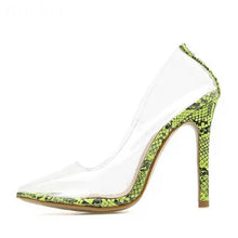 Load image into Gallery viewer, pointed toe clear heels snakeskin heels
