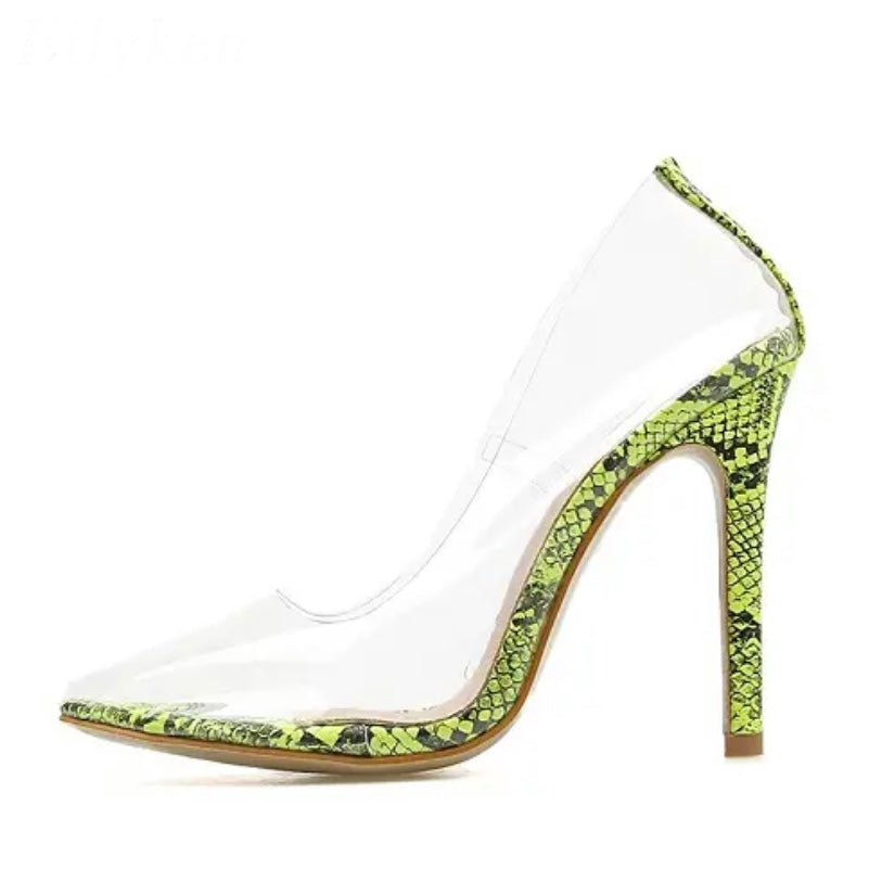 pointed toe clear heels snakeskin heels