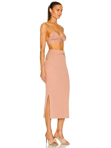 tan bandage skirt and crop top set