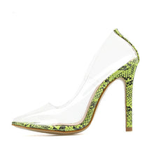 Load image into Gallery viewer, pointed toe clear heels snakeskin heels
