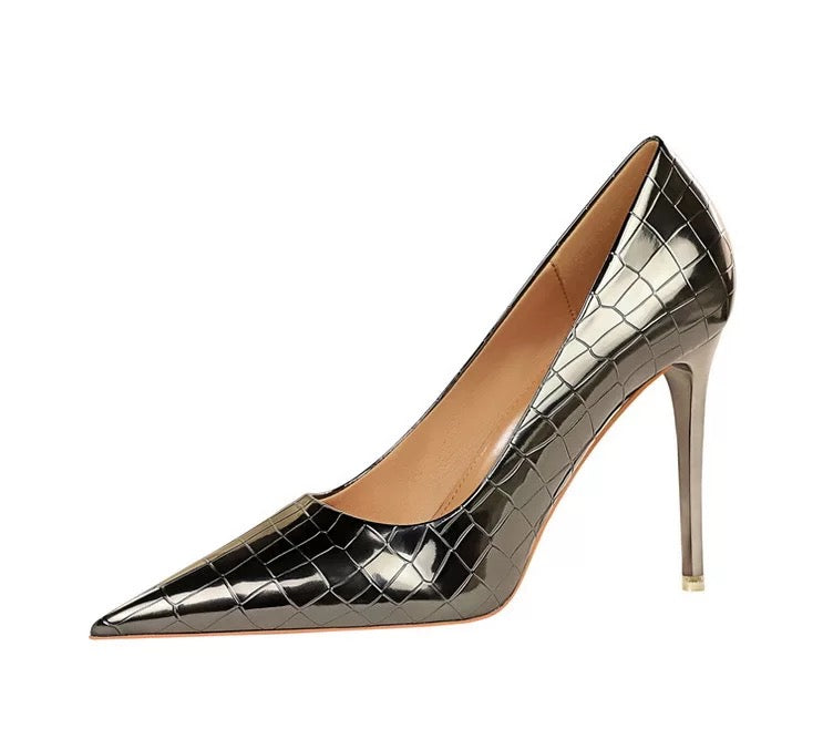 bronze pointed toe heels