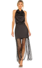 Load image into Gallery viewer, satin black dress with fringe reformation
