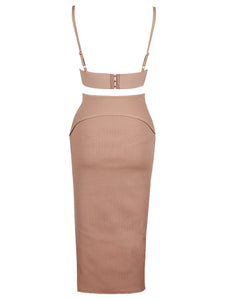 tan bandage skirt and crop top set